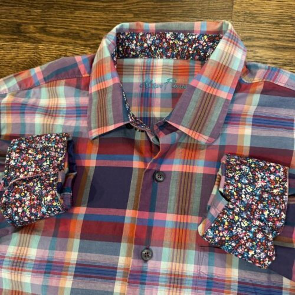Alan Flusser Button Down Shirt Mens Large Purple Plaid Floral Trim Long Sleeve